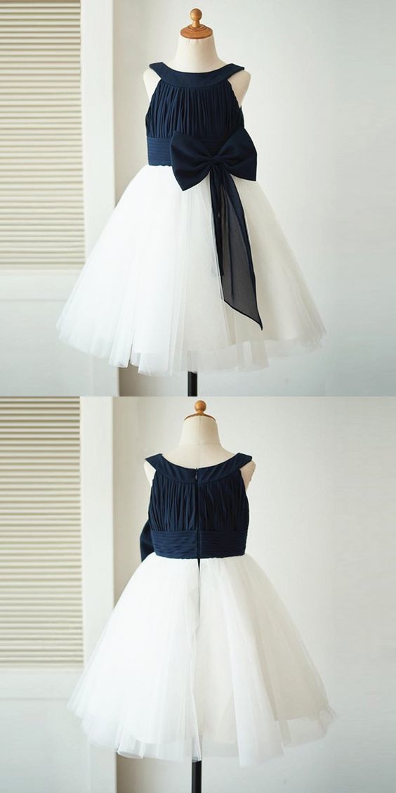 white and navy flower girl dress