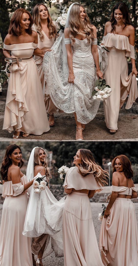Okaybridal Womens Off Shoulder Chiffon Bridesmaid Dresses Long Formal Spaghetti Straps Wedding Evening Gowns Formal Women