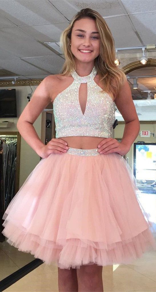 Sweet Two Pieces A Line Halter Mini Tulle Short Pink Homecoming Dresses With Sequins On Luulla 