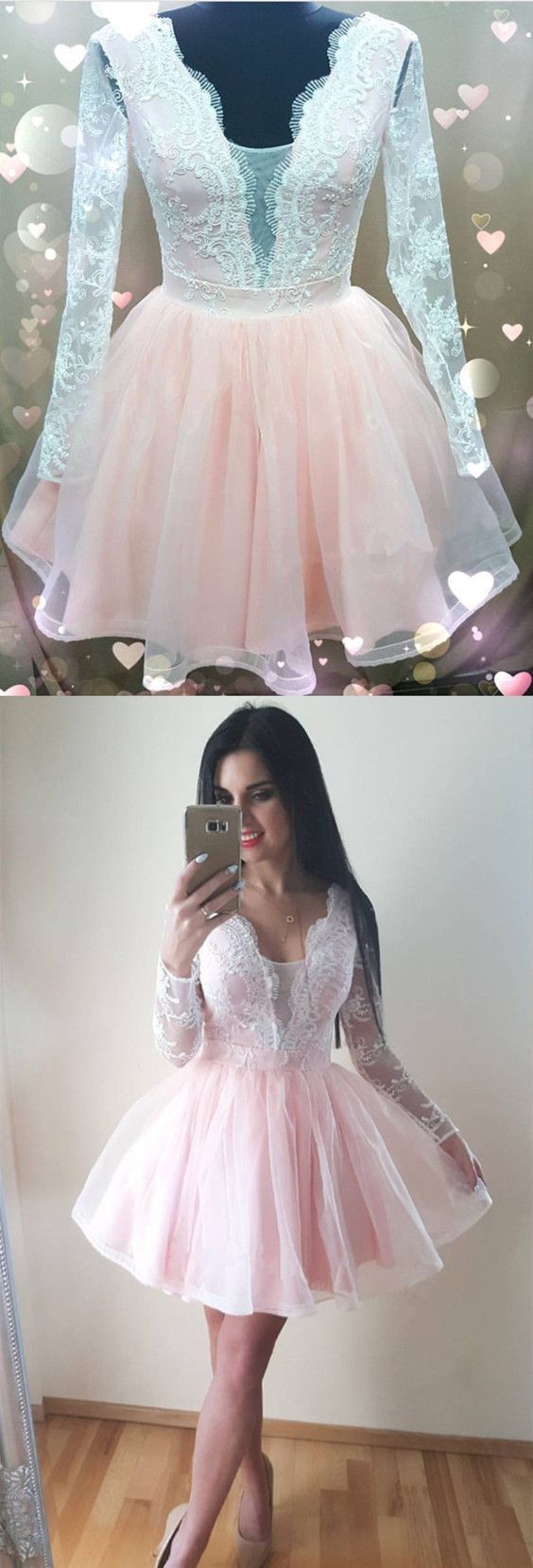 Cute A-line Blush Pink Tulle Homecoming Dresses Long Sleeves Prom Short ...