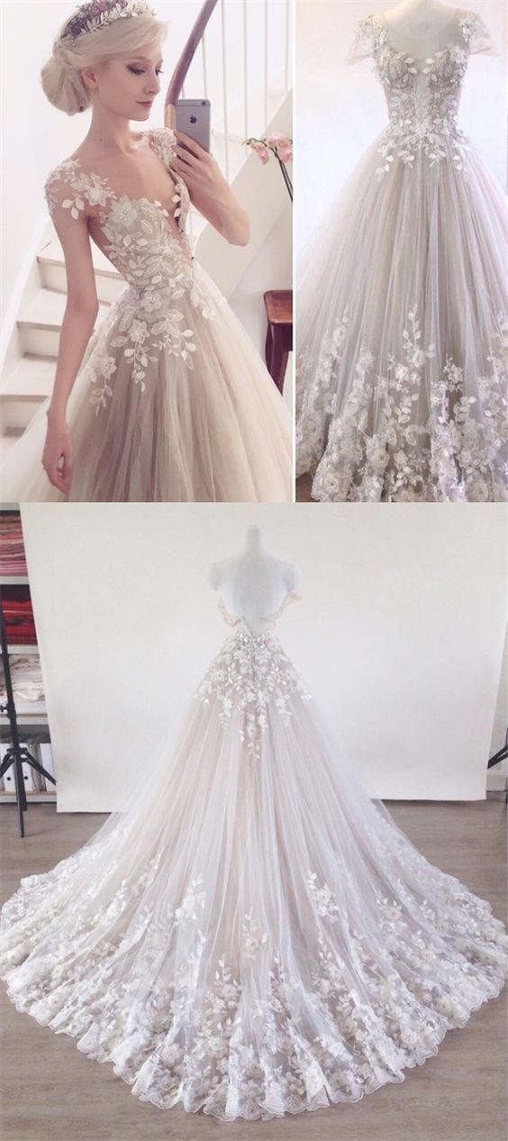 A Line Round Cap Sleeves Light Champagne Wedding Dress With
